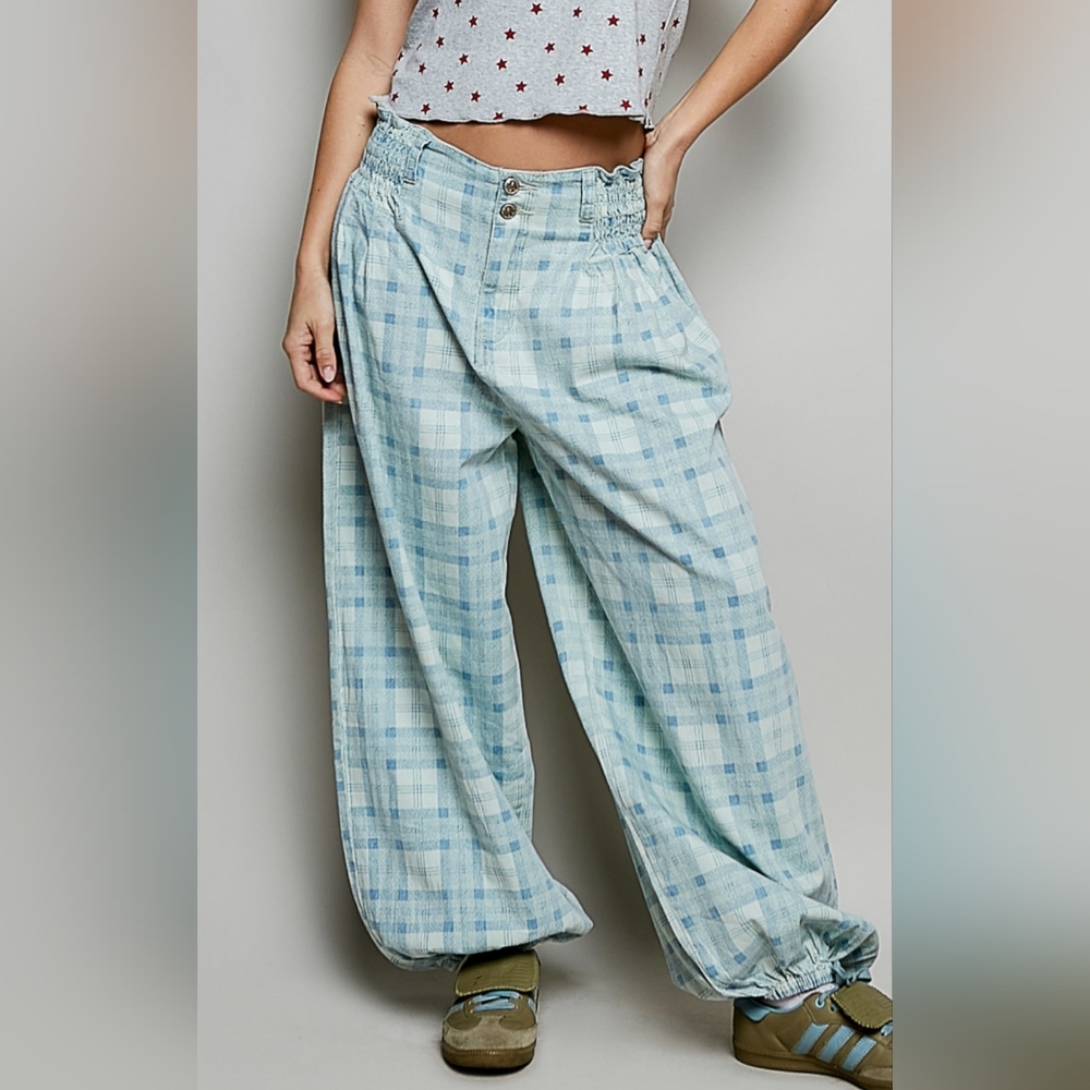 POL Light Blue Plaid Wide-Leg Joggers ~ Size M